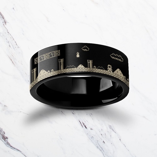 Engraved Super Mario Bros Level Pixel Mushroom Black Tungsten Ring